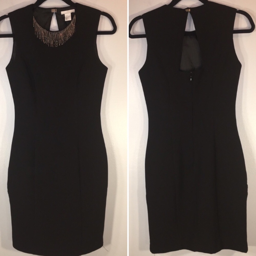 H&M Little Black Bodycon Beaded Neckline Dress Sz4